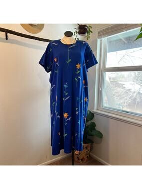 USA Vintage Blue Cotton Painted Floral Garden Short Sleeve Maxi Dress Size 3X